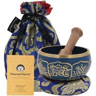 DharmaObjects ~ Tibetan OM MANI Singing Bowl Set ~ With Mallet, Brocade Cushion & Carry Bag ~ For Meditation, Chakra Healing, Prayer, Yoga (Eight Lucky Symbol, Blue)명상종 싱잉볼