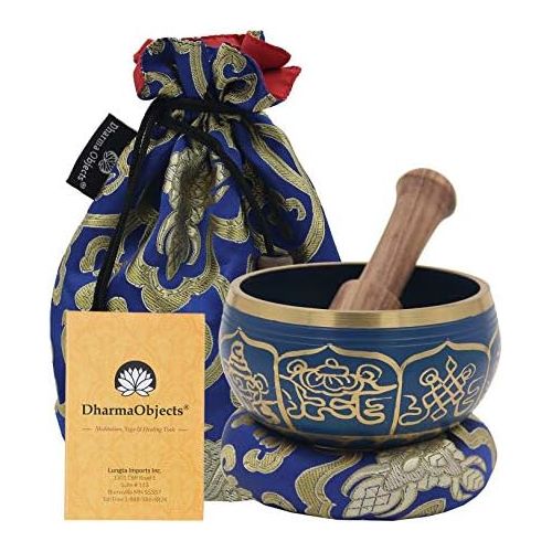  DharmaObjects ~ Tibetan OM MANI Singing Bowl Set ~ With Mallet, Brocade Cushion & Carry Bag ~ For Meditation, Chakra Healing, Prayer, Yoga (Eight Lucky Symbol, Blue)명상종 싱잉볼