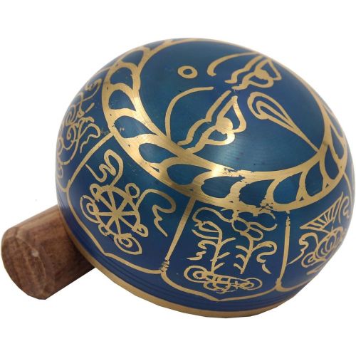  DharmaObjects ~ Tibetan OM MANI Singing Bowl Set ~ With Mallet, Brocade Cushion & Carry Bag ~ For Meditation, Chakra Healing, Prayer, Yoga (Eight Lucky Symbol, Blue)명상종 싱잉볼