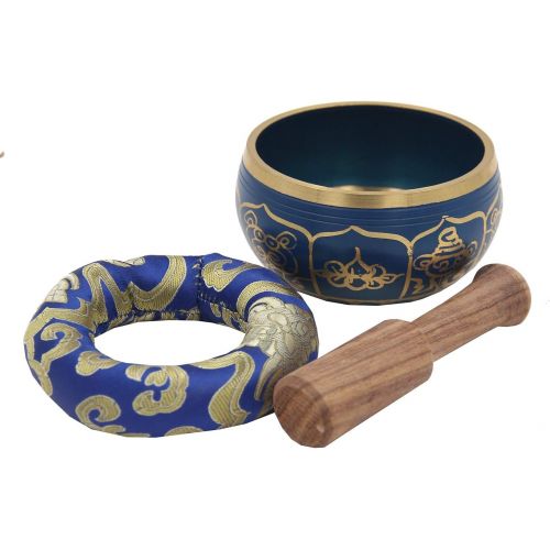  DharmaObjects ~ Tibetan OM MANI Singing Bowl Set ~ With Mallet, Brocade Cushion & Carry Bag ~ For Meditation, Chakra Healing, Prayer, Yoga (Eight Lucky Symbol, Blue)명상종 싱잉볼