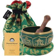 DharmaObjects ~ Tibetan OM MANI Singing Bowl Set ~ With Mallet, Brocade Cushion & Carry Bag ~ For Meditation, Chakra Healing, Prayer, Yoga (Eight Lucky Symbol, Green)명상종 싱잉볼