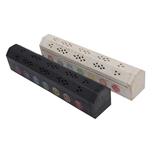  인센스스틱 DharmaObjects 2 Pack Wooden Coffin Incense Burner with Buddha Brass Inlays and Storage Compartment - 12X2X2 Inches (7 Chakra Signs)