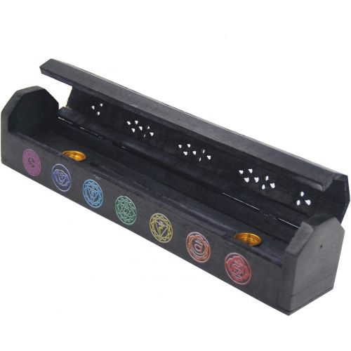  인센스스틱 DharmaObjects 2 Pack Wooden Coffin Incense Burner with Buddha Brass Inlays and Storage Compartment - 12X2X2 Inches (7 Chakra Signs)