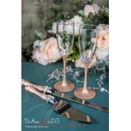 DiAmoreDS Rose Gold and Crystal Wedding Toasting Glasses and Cake Server Set, Rose Gold Champagne Flutes, Wedding Cake Server, Crystal Cake Knife 4pcs