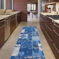 Diagona Designs Contemporary Patchwork Design Non-Slip Kitchen / Bathroom / Hallway Area Rug Runner, 26 W x 72 L, Blue / Beige