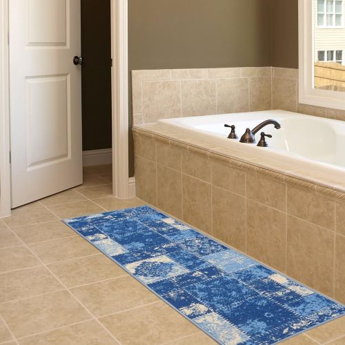  Diagona Designs Contemporary Patchwork Design Non-Slip Kitchen / Bathroom / Hallway Area Rug Runner, 26 W x 72 L, Blue / Beige