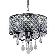 Diamond Life 4-Light Antique Black Round Metal Shade Crystal Chandelier Pendant Hanging Ceiling Fixture