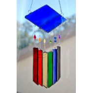 DianeMarieArt Stained Glass Wind Chimes Lapis Blue with Rainbow of Colors and Pretty Glass Beads Ball Chain Style Hanger Silvertone Finish Vibrant Colors