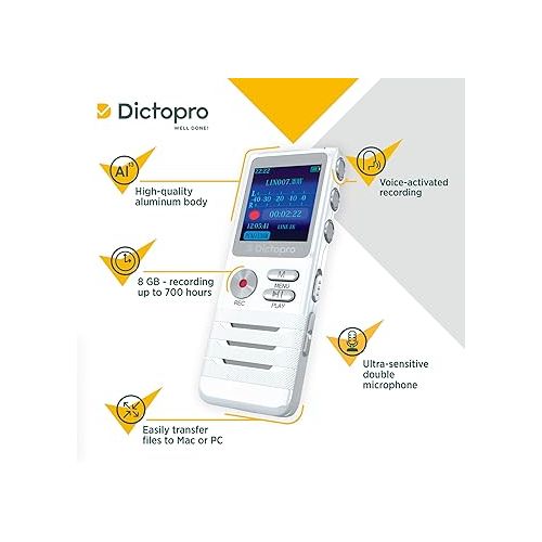  Digital Voice Activated Recorder by Dictopro- Easy HD Recording of Lectures and Meetings with Double Microphone, Noise Reduction Audio, Sound, Portable Mini Tape Dictaphone, MP3, USB, 8GB