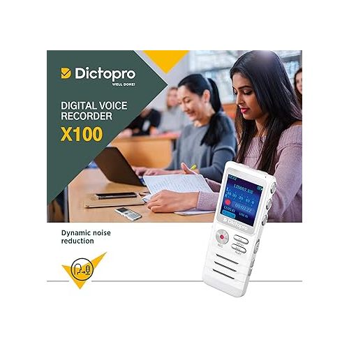  Digital Voice Activated Recorder by Dictopro- Easy HD Recording of Lectures and Meetings with Double Microphone, Noise Reduction Audio, Sound, Portable Mini Tape Dictaphone, MP3, USB, 8GB