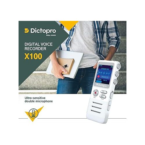  Digital Voice Activated Recorder by Dictopro- Easy HD Recording of Lectures and Meetings with Double Microphone, Noise Reduction Audio, Sound, Portable Mini Tape Dictaphone, MP3, USB, 8GB