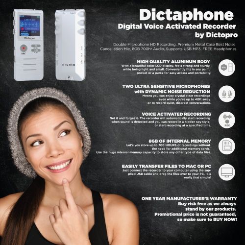  Digital Voice Activated Recorder by Dictopro- Easy HD Recording of Lectures and Meetings with Double Microphone, Noise Reduction Audio, Sound, Portable Mini Tape Dictaphone, MP3, U