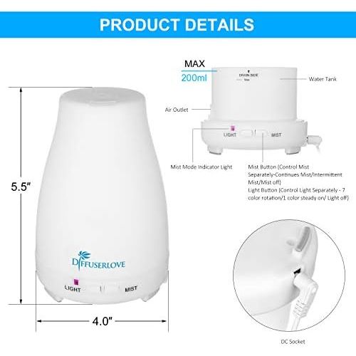  Diffuserlove Essential Oil Diffuser 2 Pieces Ultrasonic Cool Mist Humidifier Aroma Diffuser with 7 Colour LEDs