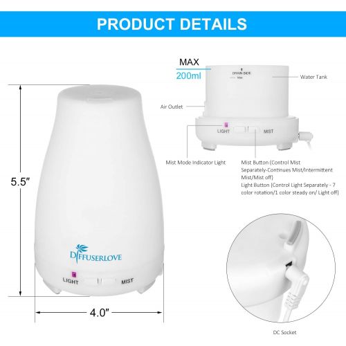  Diffuserlove Essential Oil Diffuser 2 Pieces Ultrasonic Cool Mist Humidifier Aroma Diffuser with 7 Colour LEDs