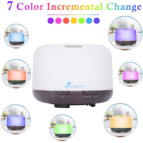  Diffuserlove Aroma Diffuser 500 ml Essential Oils Remote Controlled Ultrasonic Aromatherapy Diffuser Cooling Mist Humidifier Timer and Waterless Automatic Shut Off, 7 Colours LED f