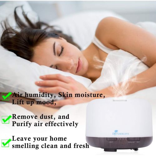  Diffuserlove Aroma Diffuser 500 ml Essential Oils Remote Controlled Ultrasonic Aromatherapy Diffuser Cooling Mist Humidifier Timer and Waterless Automatic Shut Off, 7 Colours LED f