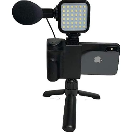 [아마존베스트]DigiPower 4-teiliges Vlogging Set mit Kameragriff, LED-Videolicht, universellem Mikrofon und Mini-Stativ, kompatibel mit Smartphones, DPS-VLG4