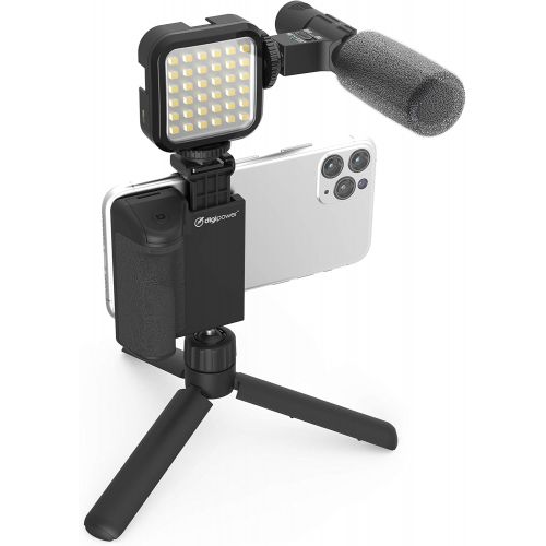  [아마존베스트]DigiPower 4-teiliges Vlogging Set mit Kameragriff, LED-Videolicht, universellem Mikrofon und Mini-Stativ, kompatibel mit Smartphones, DPS-VLG4