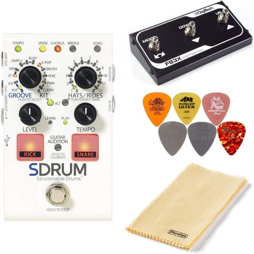  Digitech SDRUM Strummable Drums Pedal Bundle with FS3X Footswitch, Polishing Cloth, and 6 Dunlop Picks