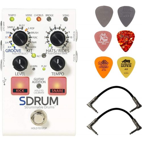  DigiTech SDRUM Strummable Drums Effects Pedal Bundle with 2 Patch Cables and 6 Dunlop Picks