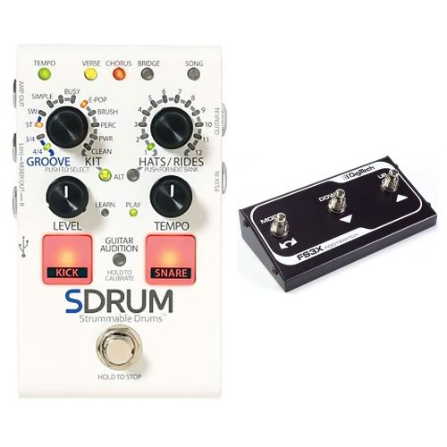  DigiTech SDRUM Auto drummer Guitar Pedal Stompbox sized Drum Machine with Automatic Accompaniment Creation Bundle with DigiTech FS3X Three Function Foot Switch