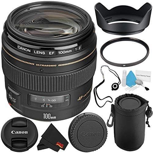 캐논 6Ave Canon EF 100mm f2 USM Telephoto Prime Lens for Canon EOS Digital SLR Cameras (2518A003) Bundle with Lens Pouch + UV Filter + Lens Hood - International Model (No Warranty)