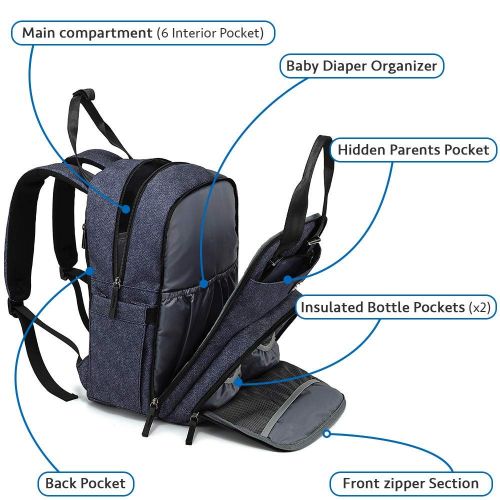  [아마존베스트]Dikaslon Diaper Bag Backpack Large Capacity Nappy Baby Bags with Insulated Pockets and Changing Pad Waterproof Unisex Travel Back Pack for Mom and Dad Blue