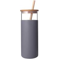 [아마존베스트]Diller Glass Tumbler with Straw 16oz Glass Water Bottle with Silicone Protective Sleeve Bamboo Lid - BPA Free (French Grey)