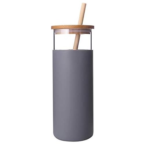  [아마존베스트]Diller Glass Tumbler with Straw 16oz Glass Water Bottle with Silicone Protective Sleeve Bamboo Lid - BPA Free (French Grey)