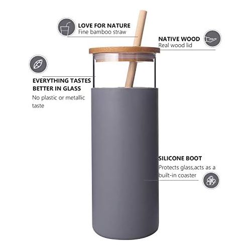  [아마존베스트]Diller Glass Tumbler with Straw 16oz Glass Water Bottle with Silicone Protective Sleeve Bamboo Lid - BPA Free (French Grey)