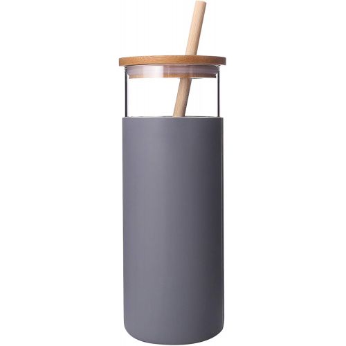  [아마존베스트]Diller Glass Tumbler with Straw 16oz Glass Water Bottle with Silicone Protective Sleeve Bamboo Lid - BPA Free (French Grey)