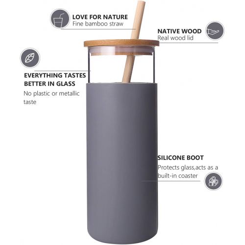  [아마존베스트]Diller Glass Tumbler with Straw 16oz Glass Water Bottle with Silicone Protective Sleeve Bamboo Lid - BPA Free (French Grey)