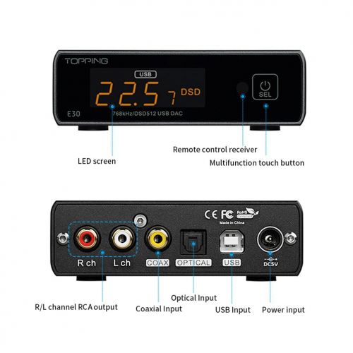  [아마존베스트]Dilvpoetry Topping E30 USB DAC AK4493 Chip Optical Coaxial HiFi Audio DAC DSD512 768kHz Mini Desktop Decoder DAC with Remote Control(Black)