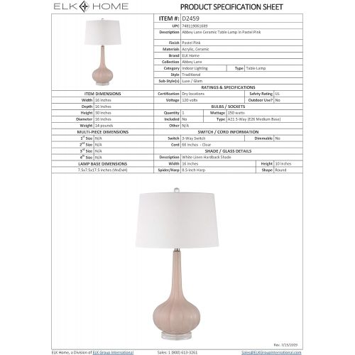  Dimond Lighting D2459 Ceramic Table Lamp, Fluted, 16 x 16 x 30, Pastel Pink