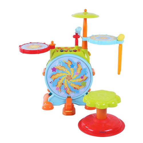  Electric Big Toy Drum Set For Kids By Dimple - Comes with Microphone Pedal n Stool - Pre Recorded Songs instruments music Lights n Sounds - Best Fun Playset for Boys n Girls - Grea