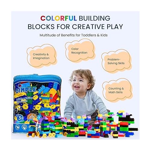  Dimple Large Building Blocks for Toddlers/Kids (600 Piece) Stackable, Multi-Colored, Interlocking Toys Safe, Non-Toxic Plastic Bright Colors, Waterproof Boys, Girls Age 3 for Kids