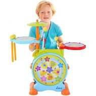 [아마존베스트]Dimple Electric Big Toy Drum Set for Kids with Movable Working Microphone to Sing and a Chair - Tons of Various Functions and Activity, Bass Drum and Pedal with Drum Sticks (Adjust