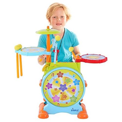  [아마존베스트]Dimple Electric Big Toy Drum Set for Kids with Movable Working Microphone to Sing and a Chair - Tons of Various Functions and Activity, Bass Drum and Pedal with Drum Sticks (Adjust