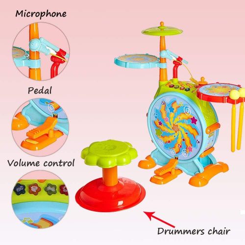  [아마존베스트]Dimple Electric Big Toy Drum Set for Kids with Movable Working Microphone to Sing and a Chair - Tons of Various Functions and Activity, Bass Drum and Pedal with Drum Sticks (Adjust