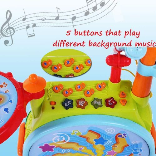  [아마존베스트]Dimple Electric Big Toy Drum Set for Kids with Movable Working Microphone to Sing and a Chair - Tons of Various Functions and Activity, Bass Drum and Pedal with Drum Sticks (Adjust