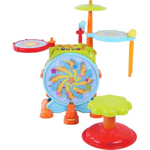  [아마존베스트]Dimple Electric Big Toy Drum Set for Kids with Movable Working Microphone to Sing and a Chair - Tons of Various Functions and Activity, Bass Drum and Pedal with Drum Sticks (Adjust