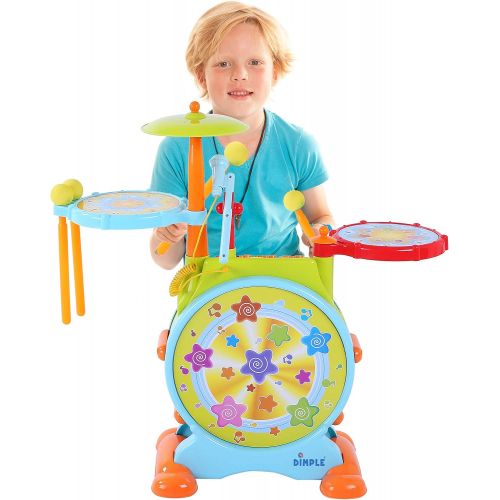  [아마존베스트]Dimple Electric Big Toy Drum Set for Kids with Movable Working Microphone to Sing and a Chair - Tons of Various Functions and Activity, Bass Drum and Pedal with Drum Sticks (Adjust