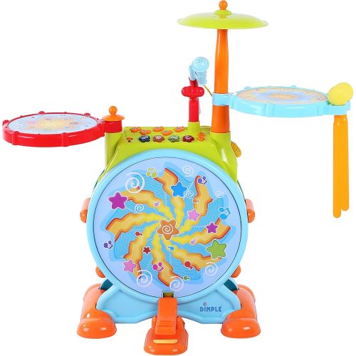  [아마존베스트]Dimple Electric Big Toy Drum Set for Kids with Movable Working Microphone to Sing and a Chair - Tons of Various Functions and Activity, Bass Drum and Pedal with Drum Sticks (Adjust