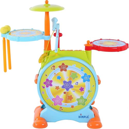  [아마존베스트]Dimple Electric Big Toy Drum Set for Kids with Movable Working Microphone to Sing and a Chair - Tons of Various Functions and Activity, Bass Drum and Pedal with Drum Sticks (Adjust