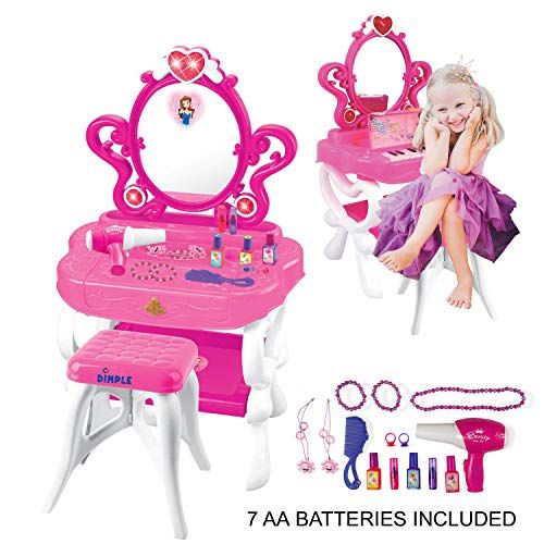  Dimple 2 in 1 Musical Piano Vanity Set Girls Toy Makeup Accessories with Working Piano & Flashing Lights, Big Mirror, Pretend Cosmetics, Hair Dryer Princess Image Appears in Mirror, 7 A