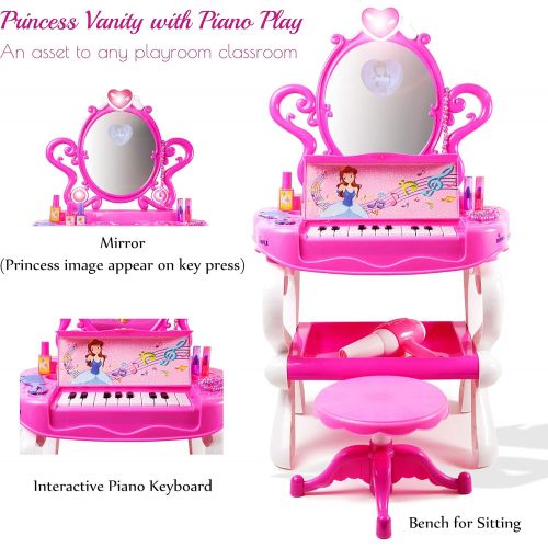  Dimple 2 in 1 Musical Piano Vanity Set Girls Toy Makeup Accessories with Working Piano & Flashing Lights, Big Mirror, Pretend Cosmetics, Hair Dryer Princess Image Appears in Mirror, 7 A