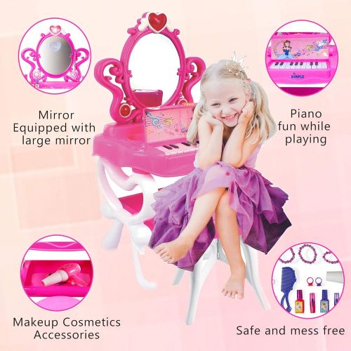  Dimple 2 in 1 Musical Piano Vanity Set Girls Toy Makeup Accessories with Working Piano & Flashing Lights, Big Mirror, Pretend Cosmetics, Hair Dryer Princess Image Appears in Mirror, 7 A