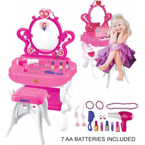  Dimple 2 in 1 Musical Piano Vanity Set Girls Toy Makeup Accessories with Working Piano & Flashing Lights, Big Mirror, Pretend Cosmetics, Hair Dryer Princess Image Appears in Mirror, 7 A