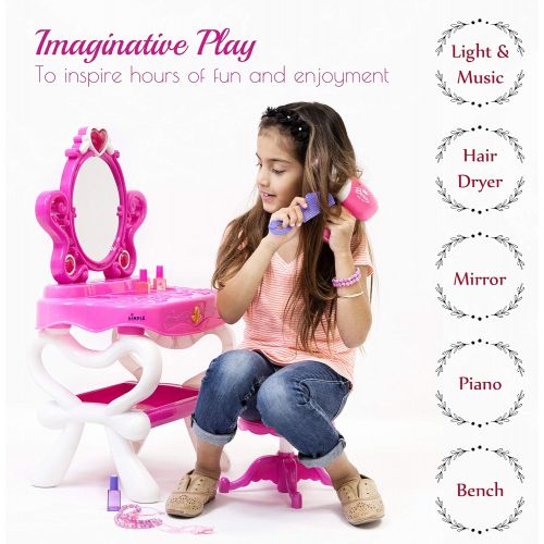  Dimple 2 in 1 Musical Piano Vanity Set Girls Toy Makeup Accessories with Working Piano & Flashing Lights, Big Mirror, Pretend Cosmetics, Hair Dryer Princess Image Appears in Mirror, 7 A