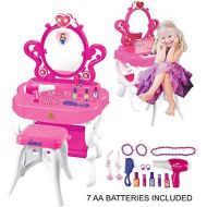 Dimple 2-in-1 Vanity Set Girls Toy Makeup Accessories with Working Piano & Flashing Lights, Big Mirror, Cosmetics, Working Hair Dryer - Glowing Princess will Appear when Pressing t